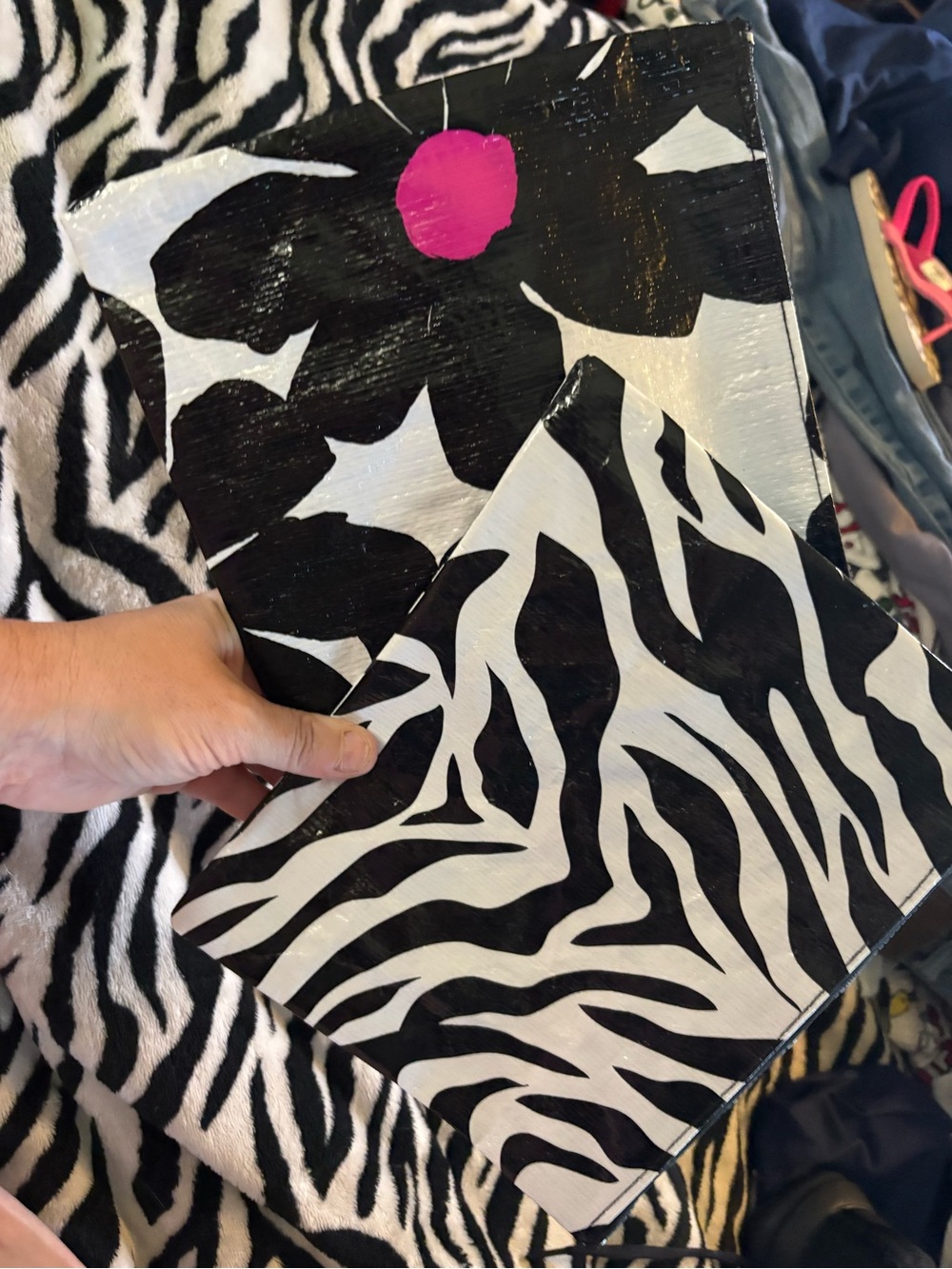 Black & White Zebra Print Cosmetic Bag Set with Pink Accent